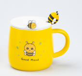 Чашка з кришкою та ложкою керамічна Бджілка  жовта з бджілкою HP7199